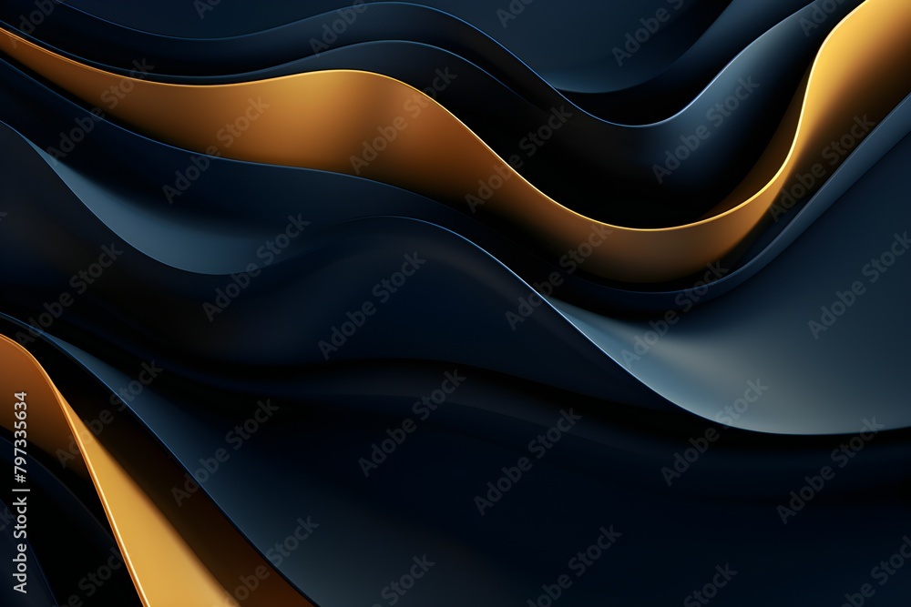 Poster 3d illustration of a black and gold abstract gradient background with lines. print from the waves. m