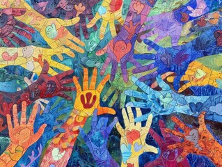 Show a tapestry of hands, each painting a different symbol, creating a unified mural of peace 