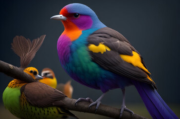 Natural background and a beautiful bird perched on a branch with a small moss tree