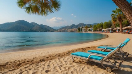 Sunny beach scene with palm trees, lounge chairs, and parasols