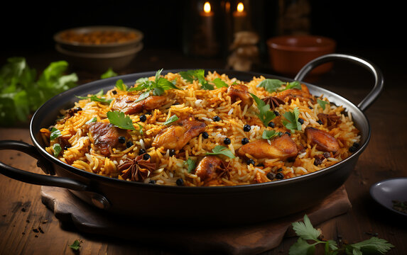 Pilaf with chicken, raisins and rice on a black background