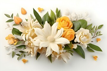 Floral arrangement with orchids and roses on a white background,  generated by AI.