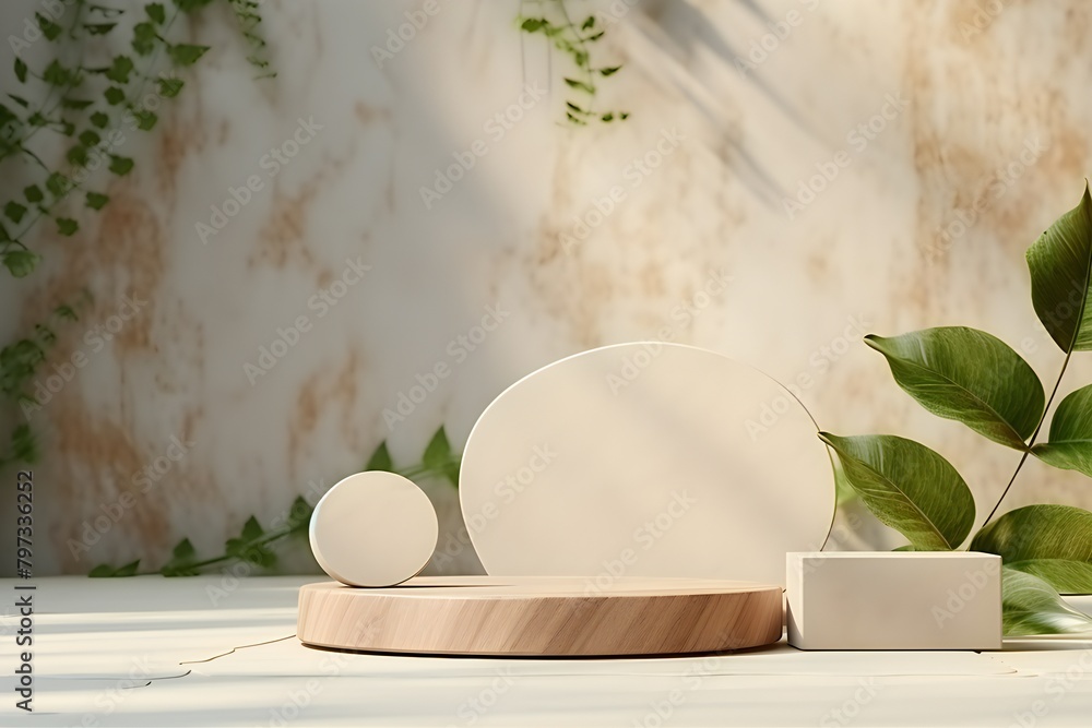 Poster 3d background products display a podium stage with a geometric platform against a natural background