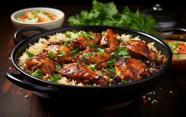 Fototapeta premium Chicken tikka masala with rice and parsley on wooden background