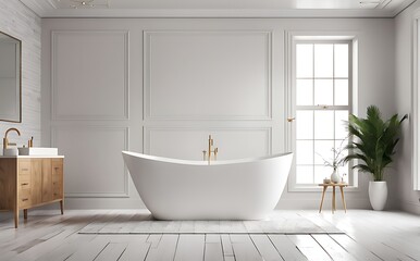 Mock up bathroom with white bathtub 3d illustration rendering
