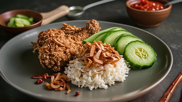 Video animation of depicts a plate of food consisting of fried chicken, white rice, and cucumber salad. Two pieces of crispy fried chicken are placed on one side of the plate.