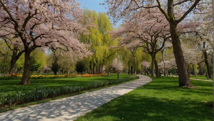 Obraz premium Panoramic view of a serene park with blooming cherry blossoms and tulips