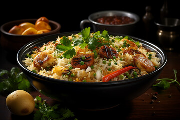 Chicken tikka masala with rice and parsley on wooden background