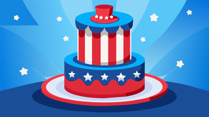 A sculpted cake in the shape of Uncle Sams top hat adorned with a cascade of red white and blue fondant stars stands tall on a festive table.. Vector illustration