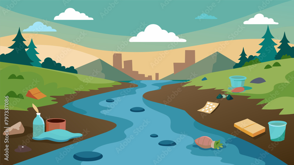 Poster a polluted river filled with garbage once a source of clean drinking water for nearby communities no
