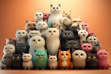 A group of funny cute kittens looking forward on a white background,  generated by AI. 3D illustration