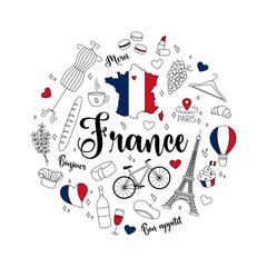 France doodles round design set. Vector illustrations of isolated French elements  in cute hand drawn style. Outline national symbols Eiffel Tower, lavender, country map, flag and others © Anna Shalygina