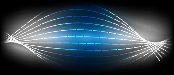 Electric blue sphere with white circle lines resembling automotive lighting on a black background, creating a stunning visual effect with lens flare and symmetry