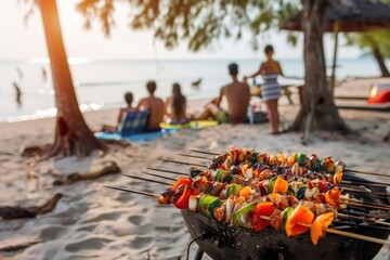 Family party with BBQ grilling bbq cooking female.