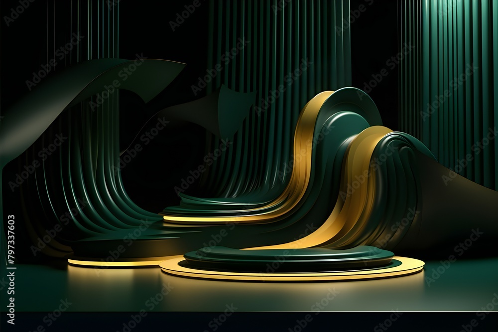 Poster green and gold realistic 3d cylinder pedestal podium on monochrome background. abstract rendering ge