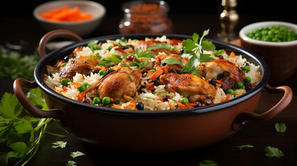 Fototapeta premium Pilaf with chicken, rice and vegetables on a wooden table