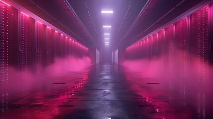 Capture the intricate dance of machinery in a state-of-the-art data center, where rows of servers hum with activity, bathed in a soft, ethereal glow.
