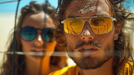 A stylish man and woman cheer on a beach volleyball match, showcasing their matching yellow sunglasses under the bright sun.