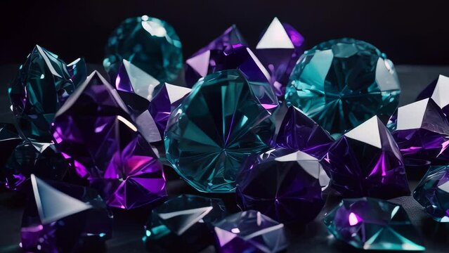 Video animation of collection of various cut gemstones. These gemstones predominantly exhibit shades of purple and blue. Their multiple facets reflect light, creating a sparkling effect. 