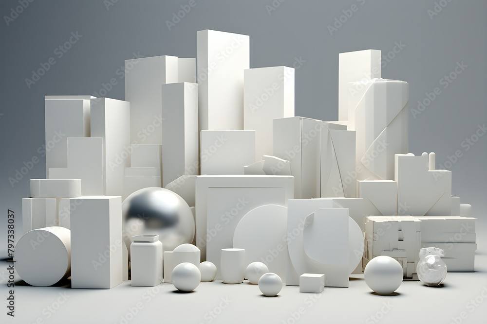Poster 3d white geometric shapes. realistic render design. abstract colored minimalistic composition , gene
