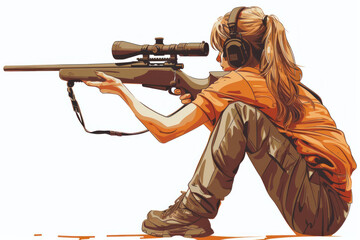 Brown watercolor painting of athlete woman on rifle shooting practice - obrazy, fototapety, plakaty