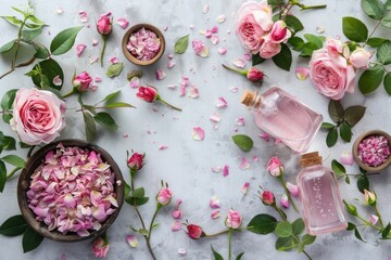 Aromatherapy roses ingredients perfume flower bottle.