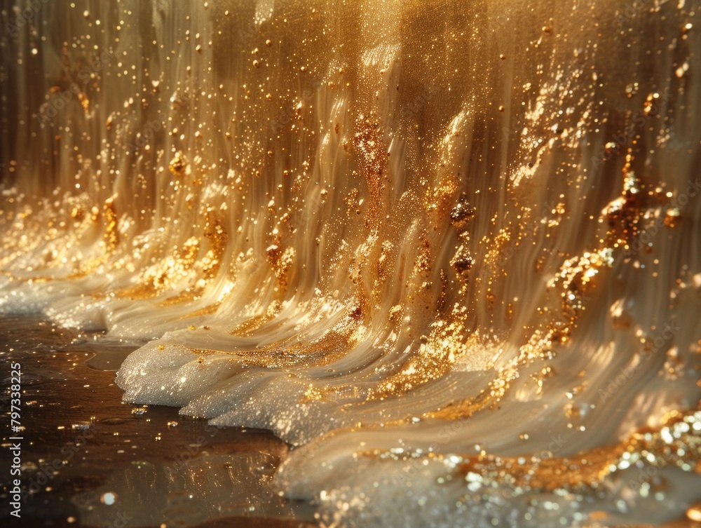 Poster a detailed view of a waterfall tumbling down with gushing water in the foreground, creating a dynami