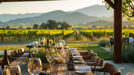 A serene outdoor dinner setting amidst vineyard rows at sunset