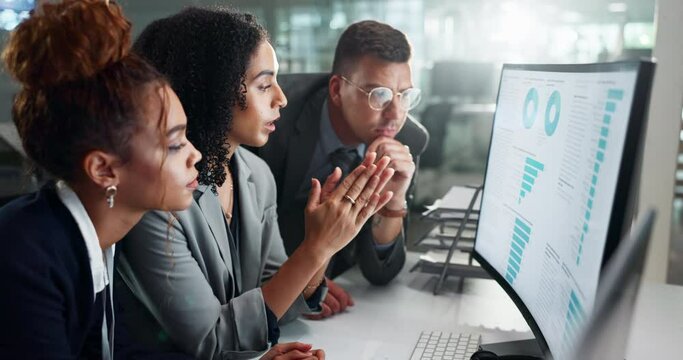 Business people, computer screen and statistics graphs with teamwork for financial growth, investment or charts. Women, man and discussion for data analytics or market research, revenue or review - Powered by Adobe