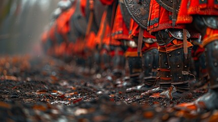 A line of Roman legionnaires orange and black armor stands sentinel on a vast field, blending with the colors of autumn. - obrazy, fototapety, plakaty