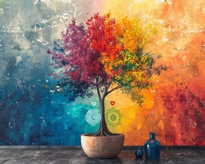 Colorful abstract wallpaper featuring a serene Tree of Life with meditation chakras, perfect for a calming and meditative environment - obrazy, fototapety, plakaty