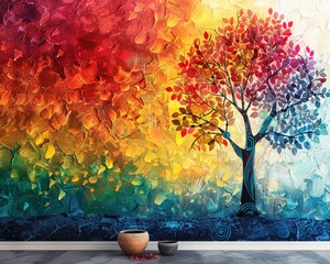 Vibrant and bright wallpaper illustrating a meditative abstract Tree of Life with colorful chakra art, perfect for a serene space and decoration - obrazy, fototapety, plakaty