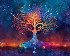 Serene meditation themed wallpaper showcasing an abstract Tree of Life and colorful chakra art, ideal for creating a peaceful ambiance - obrazy, fototapety, plakaty
