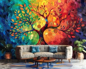 Vibrant and bright wallpaper illustrating a meditative abstract Tree of Life with colorful chakra art, perfect for a serene and peaceful interior