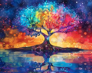 Colorful abstract wallpaper featuring a serene Tree of Life with meditation chakras, perfect for a calming and meditative space - obrazy, fototapety, plakaty