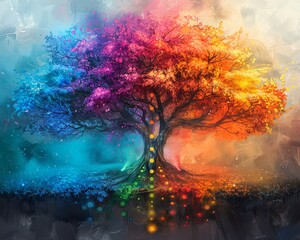 Bright and vibrant abstract art wallpaper depicting the Tree of Life with colorful meditation chakras, enhancing a tranquil setting - obrazy, fototapety, plakaty