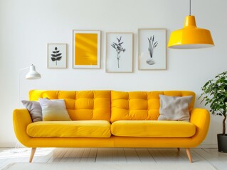 Vibrant yellow sofa against white wall with posters. Scandinavian home interior design of modern living room. 
