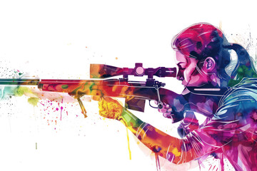 Colorful watercolor painting of athlete woman on rifle shooting practice
