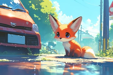 cute and happy cartoon fox on the street