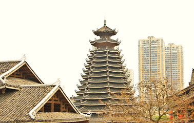 Traditional Wooden Drum Tower and Modern Apartment Buildings in Nanning, Guangxi, China