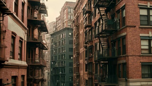 Video animation of urban alleyway flanked by tall brick buildings. architecture suggests an urban environment with historical or older buildings.