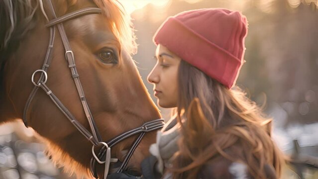 A tender moment between a girl and her horse in the golden light