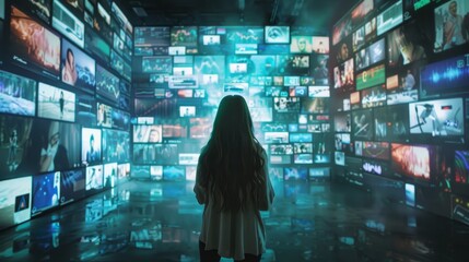 Woman surrounded by big data from streaming services and social media, screens, photos, videos hyper realistic 