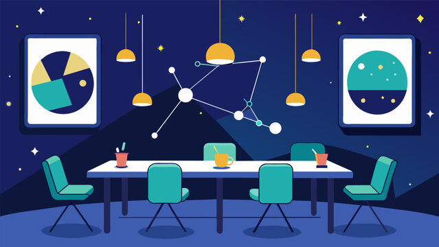 The clubs meeting room filled with posters of constellations showcasing the members passion for all things celestial.