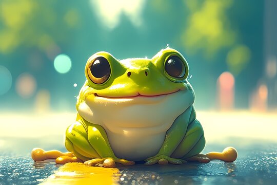 cute and happy cartoon frog on the street
