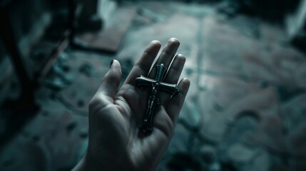 Woman's hand with cross. Concept of hope, faith, christianity, religion, church online. religion Concept .pray for blessings in the church light of happiness Path to the Land of the Gods - obrazy, fototapety, plakaty