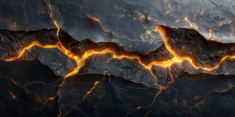 A computer generated lava wall extending upwards against a shimmering golden background, creating a striking contrast of black and gold.