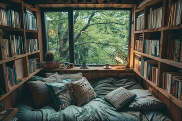 A cozy reading nook furniture bookshelf bookcase.