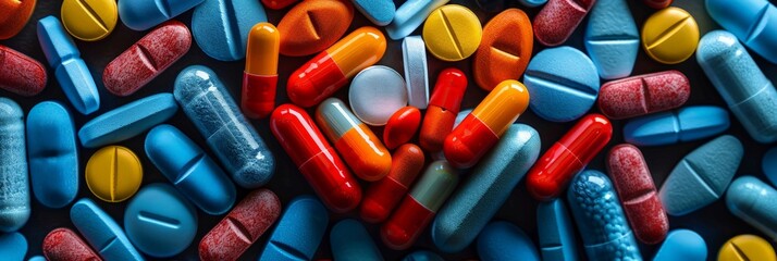 An array of various colorful medication pills and capsules displayed closely, highlighting a spectrum of pharmaceutical treatments.