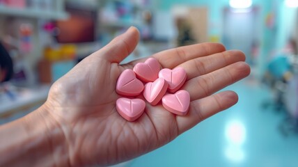 A handful of pink heart-shaped pills in the palm of someone's hand